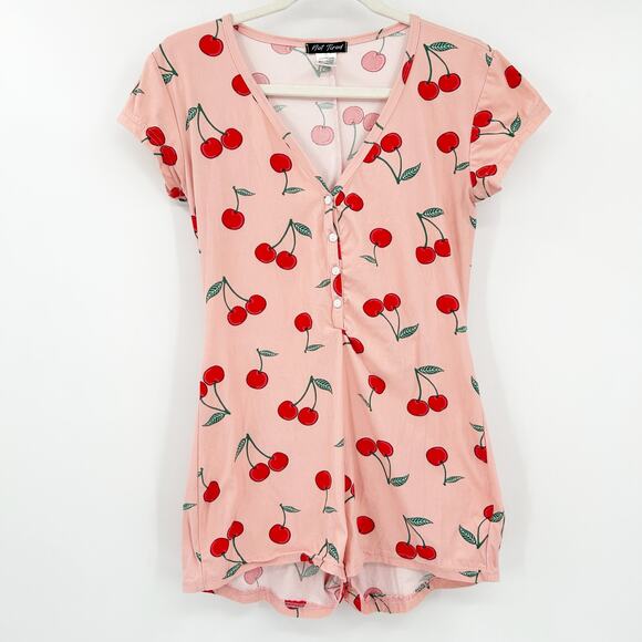 Not Tired Womens Sweet Cherry Sleep Lounge Pajama Peekaboo Romper Size M Pink - Picture 2 of 7